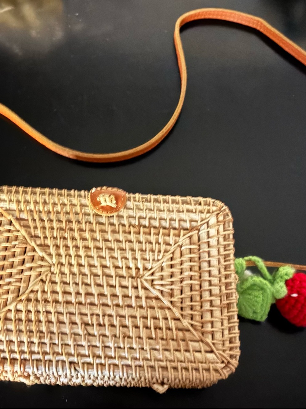 Straw Woven Crossbody Bag with Red Strawberry Accent